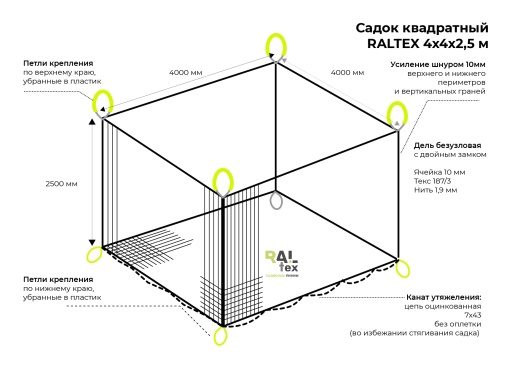 Садок квадратный 4x4x2,5 м без кормового стола 10 мм